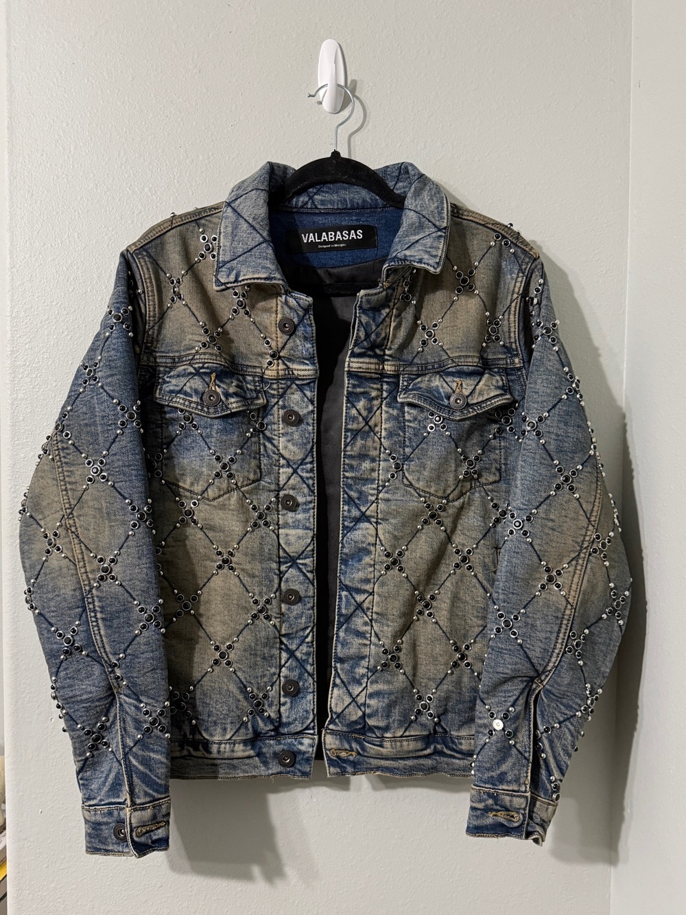 VALABASAS Men's Distressed Studded Quilted Jean Denim Jacket Blue S